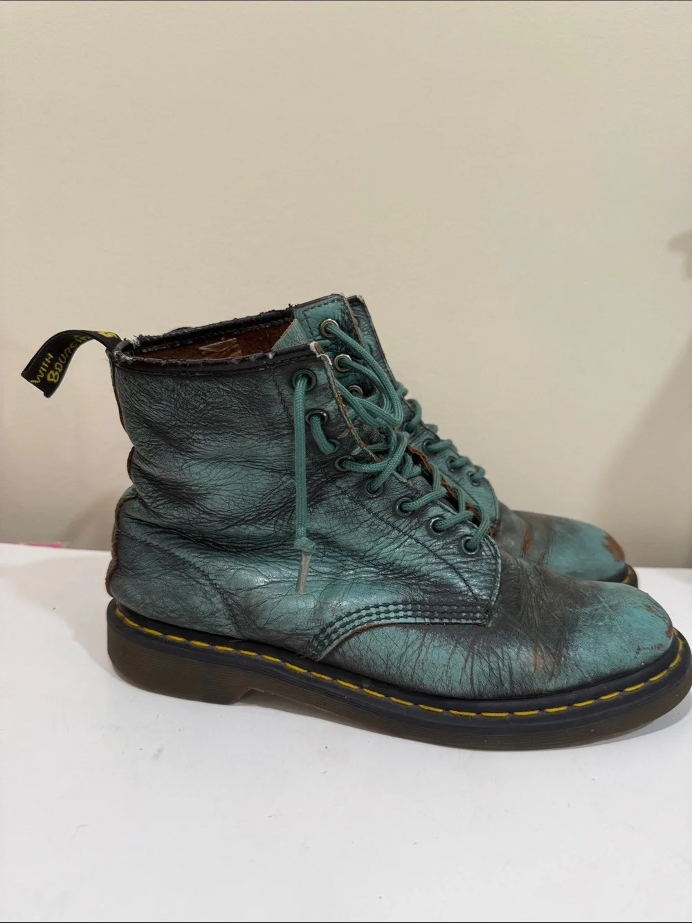 Dr. Martens Teal Green Leather Chukka Boots with Yellow Stitching
